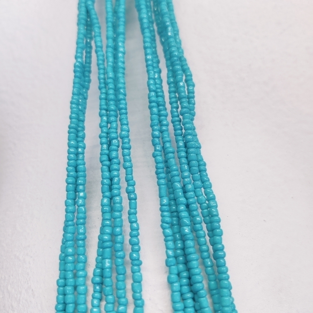 Long Multi Strand Turquoise Blue Glass Bead Necklace w/ Metallic Accents - Picture 3 of 9